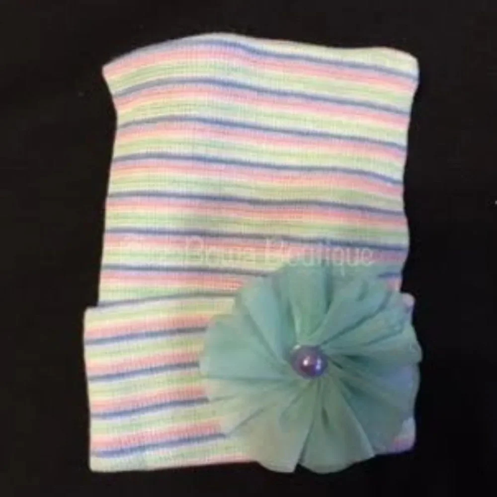 Multicolored Newborn Hat with Mint Flower NB384 Handmade New